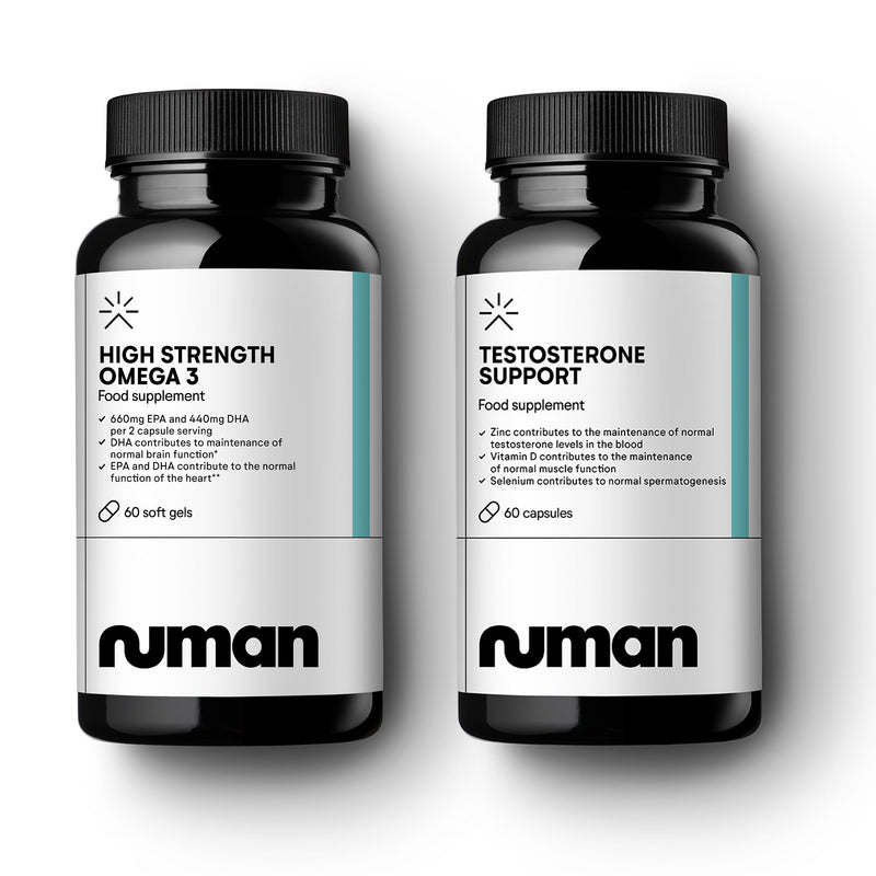 Numan Testosterone Support + Omega 3 Fish Oil Stack – Maca, Tribulus, Zinc & Panax Ginseng with EPA DHA Fish Oil – Daily Supplement Kit for Vitality, Heart & Muscle Function – UK Made