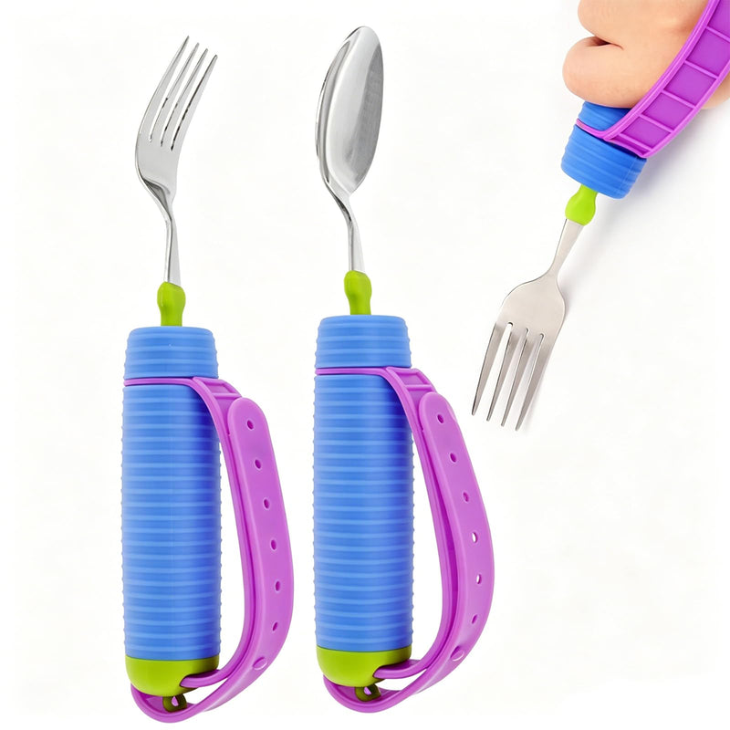 Adaptive Utensils Set - 360° Rotatable Spoon & Fork with Non-Slip Handle & Adjustable Strap, Easy Grip Cutlery for Elderly, Disabled, Arthritis & Hand Tremors