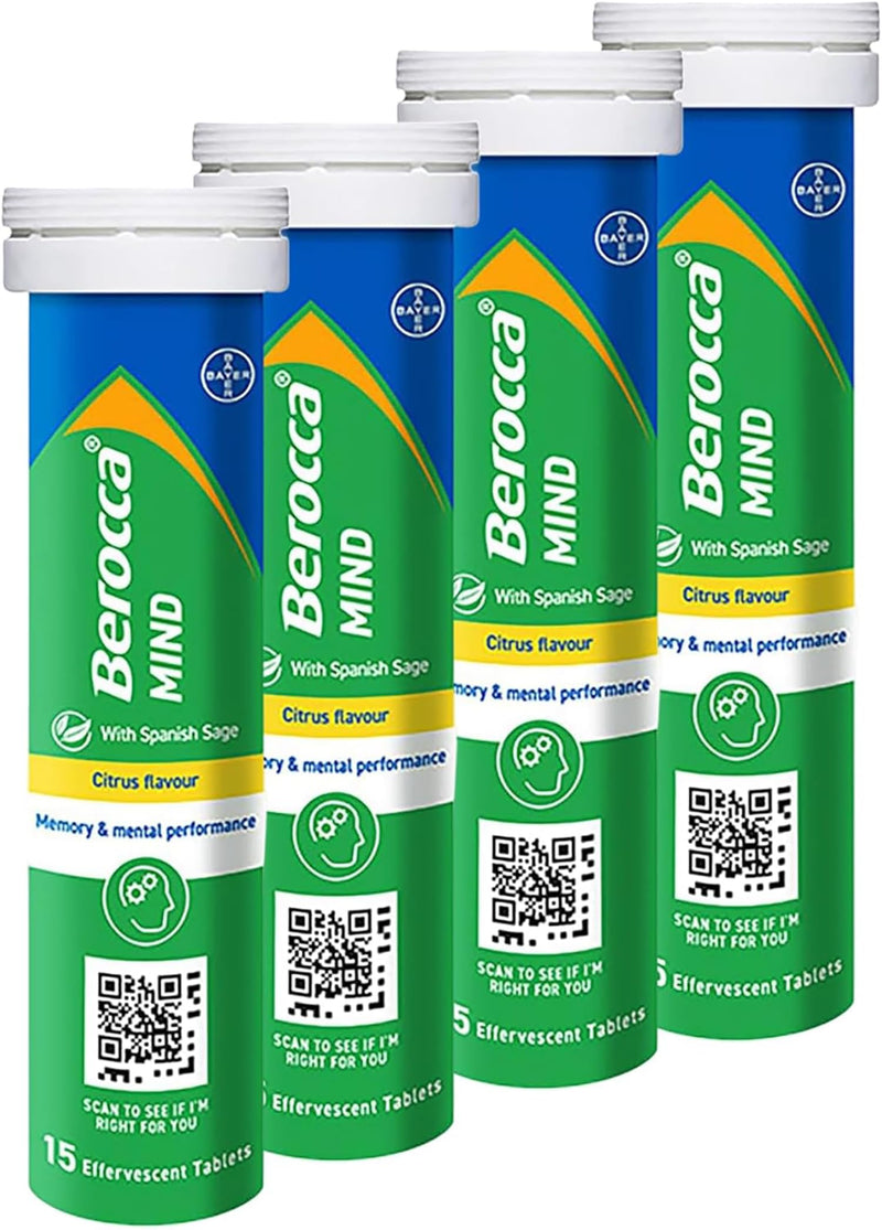 Berocca Mind Effervescent Tablets Including B Vitamins, with Spanish Sage to Support Memory and Mental Performance - 15 Tablets x 4 Pack - Citrus Flavour 1 count (Pack of 60)