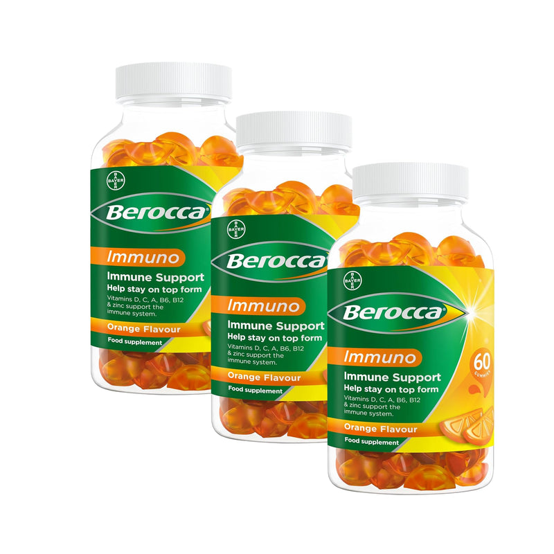 Berocca Immuno Multivitamin Gummies - Immune System Support Including Vitamin D, C, A, B-Complex (B6, B7, B12), E and Zinc - Supplement for Women, Men and Kids - 60 Gummies x 3 Pack- Orange Flavour 1 count (Pack of 180)