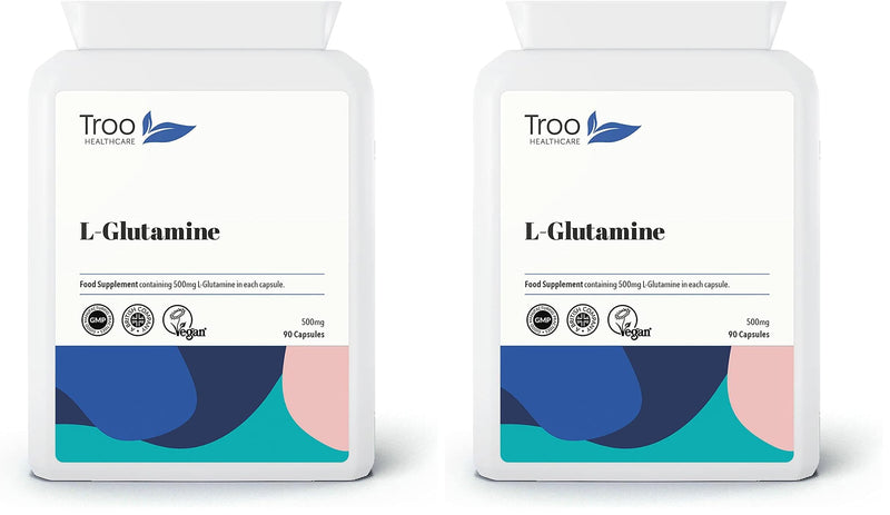Troo Health Care L-Glutamine Supplement (500mg) - 90 High Strength Capsules - Targeted Release Amino Acid Supplement| UK Manufactured to GMP Standards (Pack of 2) 1 count (Pack of 2)
