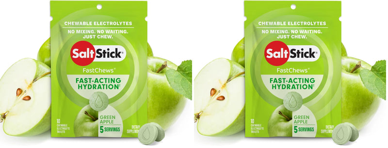SaltStick Fastchews, Electrolyte Replacement Tablets for Rehydration, Exercise Recovery, Youth & Adult Athletes, Hiking & Sports Recovery, 1 x Packet of 10 Tablets (Green Apple) (Pack of 2) 10 count (Pack of 2)