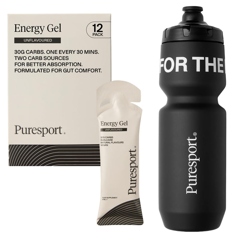 Puresport Energy Gels Variety Pack (Unflavoured, 12 Pack) Fast-Release 30g DualCarb Gels Designed for Runners, Matte Black Sports Water Bottle