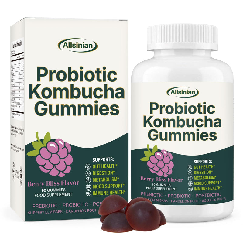 90 Vegan Probiotics Kombucha Gummies | Prebiotics, Probiotics, Postbiotics, Supplement with Fibre, Slippery Elm, Dandelion Root & MCT Oil | Supports Gut Health & Bloating for Men & Women