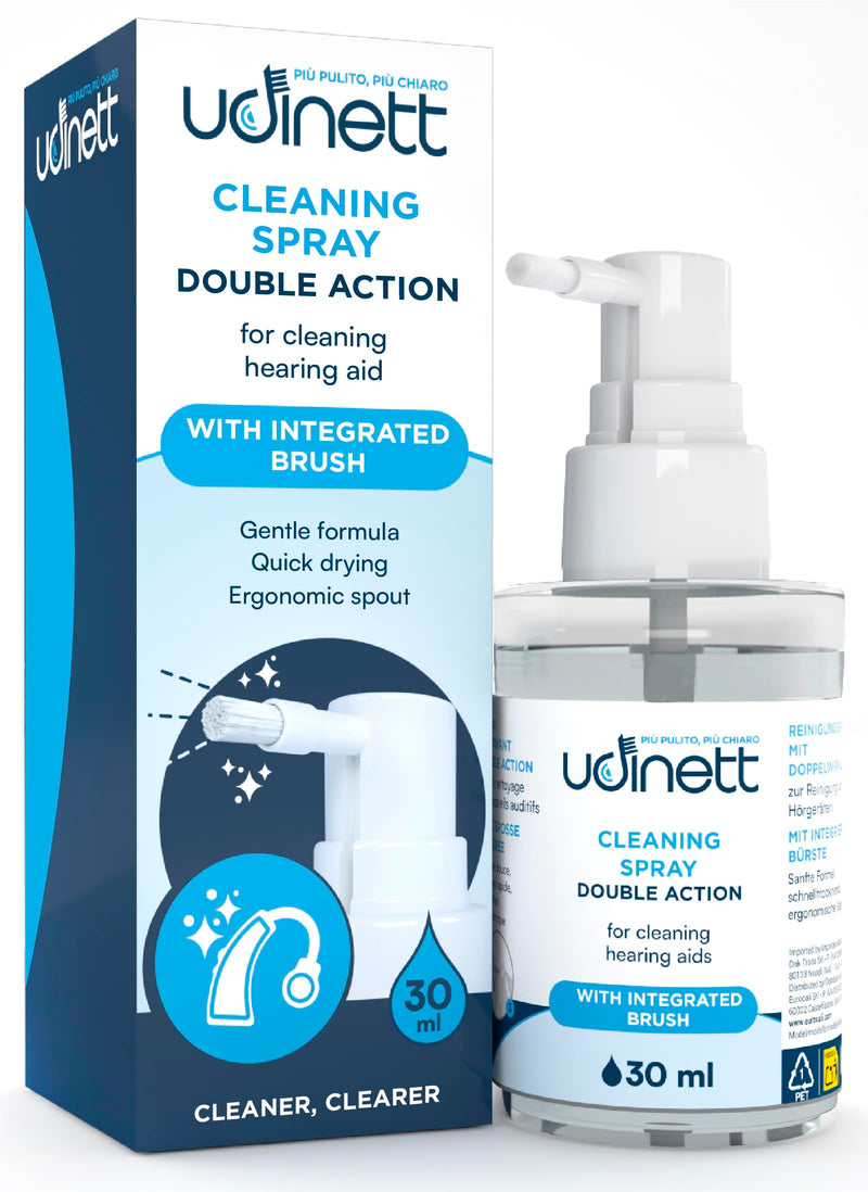 Hearing Aid Cleaning Spray 30ml Udinett Eliminates Earwax Dust and Bacteria - with Integrated Brush Sanitizer for Cleaning Earphones Bluetooth Headphones - Quick Drying