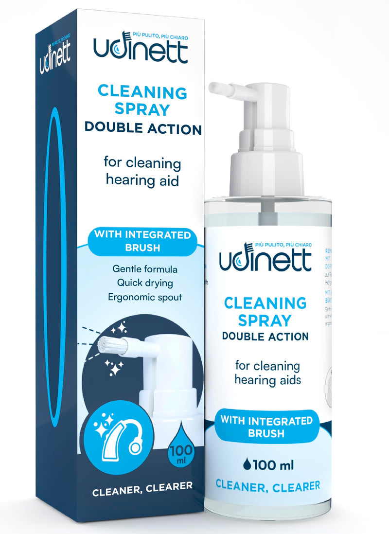 Hearing Aid Cleaning Udinett Spray with Included Brush 100ml - Eliminates Bacteria and Earwax Dust Quick Drying Sanitizer for Daily Cleaning - Earmolds Replacement Domes Earplugs