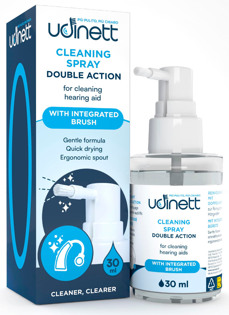 Hearing Aid Cleaning Spray 30ml Udinett Quick Drying with Integrated Brush Sanitizer for Cleaning Earphones Bluetooth Headphones - Eliminates Earwax Dust and Bacteria
