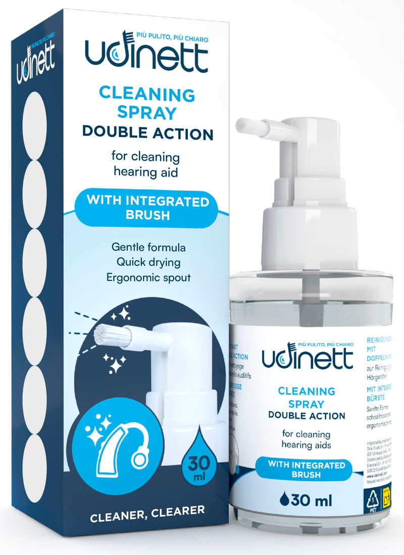 Hearing Aid Cleaning Spray 30ml Udinett with Integrated Brush Sanitizer for Cleaning Earphones Bluetooth Headphones Eliminates Earwax Dust and Bacteria - Quick Drying