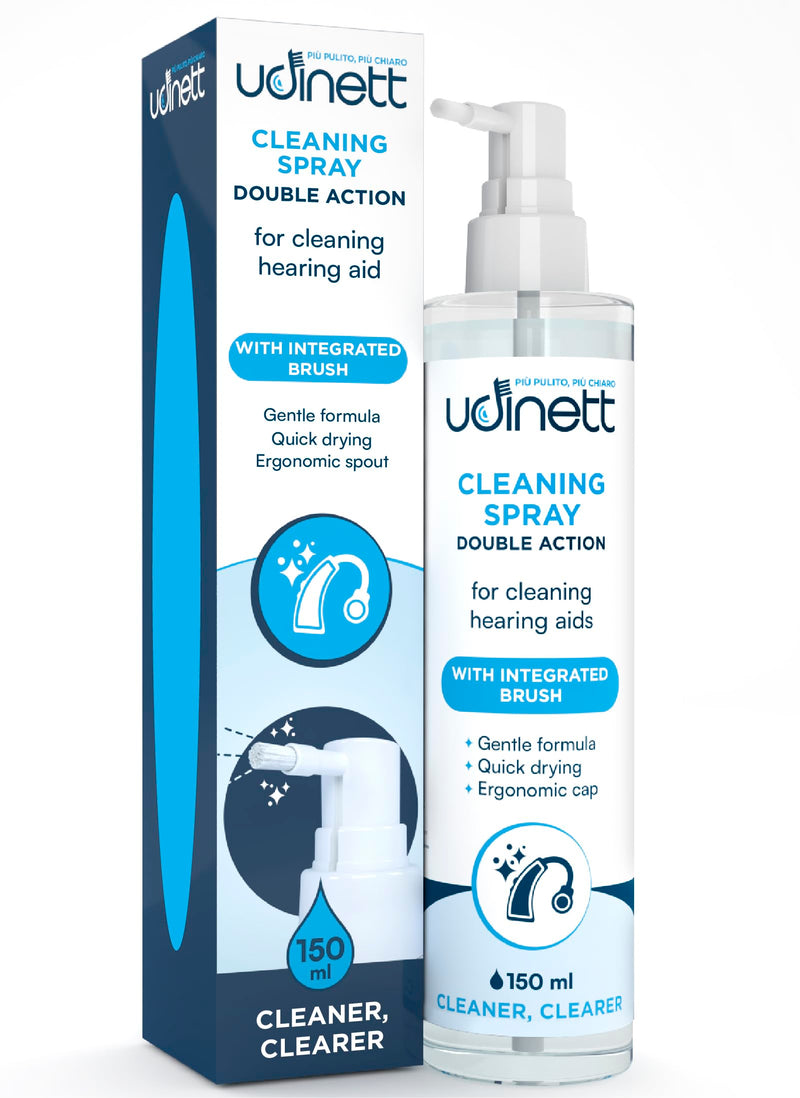 Hearing Aid Cleaning Spray 150ml with Included Brush Quick Drying Eliminates Bacteria and Earwax Dust - Udinett Sanitizer for Daily Cleaning Earmolds Replacement Earplugs Domes
