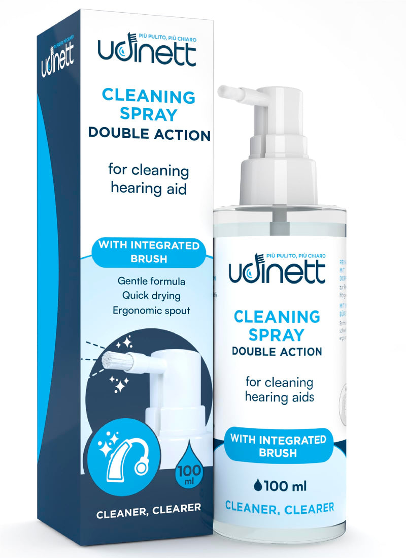 Hearing Aid Cleaning Spray with Included Brush 100ml Udinett for Daily Cleaning Earmolds Replacement Domes Earplugs Quick Drying Sanitizer - Eliminates Bacteria and Earwax Dust