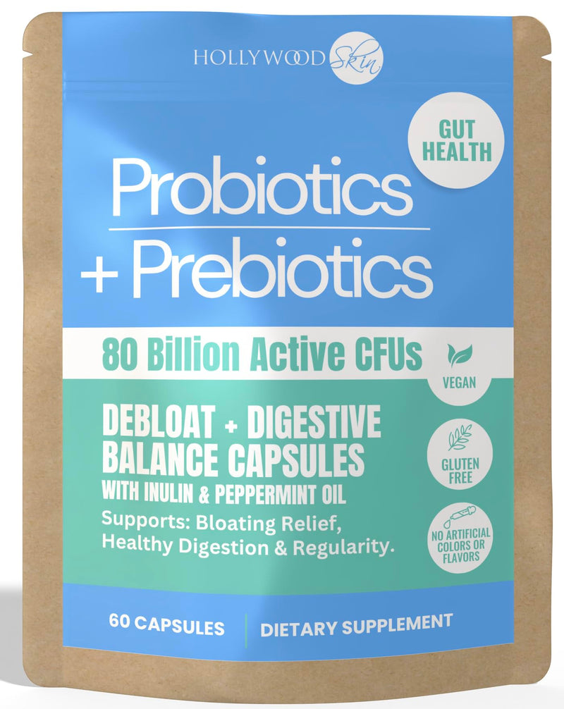 80 Billion CFU Probiotic Capsules for Women & Men | Prebiotics, Ginger & Peppermint | Reduce Bloating, Support Digestion & Gut Health | Vegan – 60 Capsules.