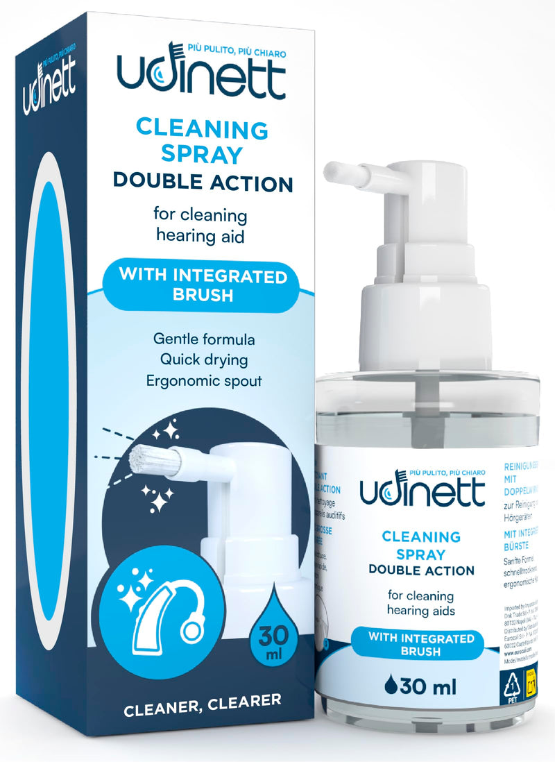 Hearing Aid Cleaning Spray 30ml with Integrated Brush Udinett Quick Drying Eliminates Earwax Dust and Bacteria - Sanitizer for Cleaning Earphones Bluetooth Headphones