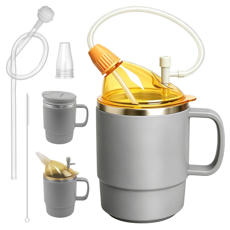 4 in 1 Sippy Cup for Adults, 500ml Adult Sippy Cups for The Elderly Non Spill, Anti Choke Spill Proof Cups with Lid, Long Straw, Sip Spout, & Straw Brush, Beakers for Seniors, Disabled, Dysphagia-Grey