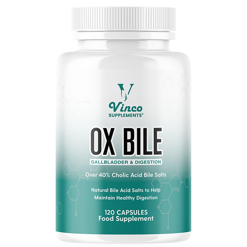 Vinco Ox Bile Acid Salts - 125mg x 120 Capsules - Gallbladder and Digestion Support - Over 40% Cholic Acid Bile Salts - Grass Fed Source - GMP Certified, Non-GMO & Gluten Free - Made in The UK