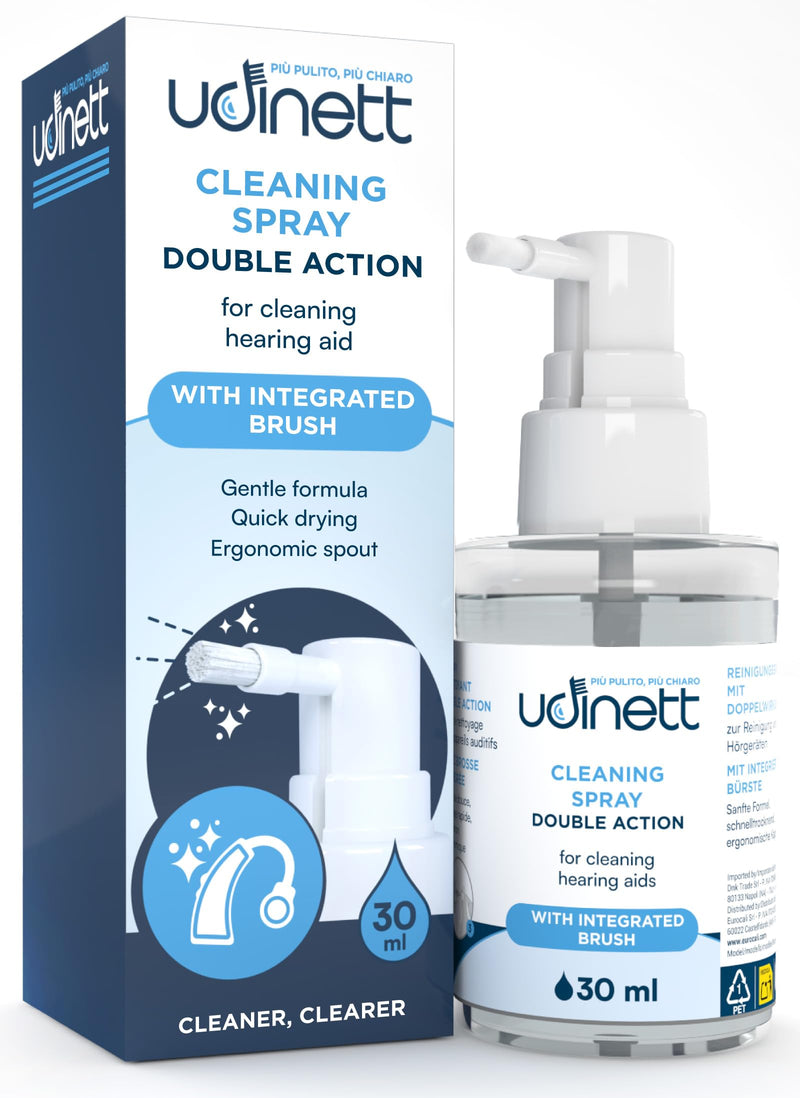 Hearing Aid Cleaning Spray 30ml with Integrated Brush Udinett Sanitizer for Cleaning Earphones Bluetooth Headphones with Immediate Effect Alcohol-Free Formula - Eliminates Earwax and Dirt