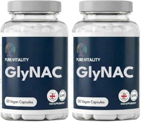 Pure:Vitality GlyNAC - 120 Capsules, 1200mg GlyNAC (600mg Glycine & 600mg N-Acetylcysteine) per Serving, High Strength Glutathione Supplement, Vegan GlyNAC for Healthy Ageing (Pack of 2) 120 count (Pack of 2)