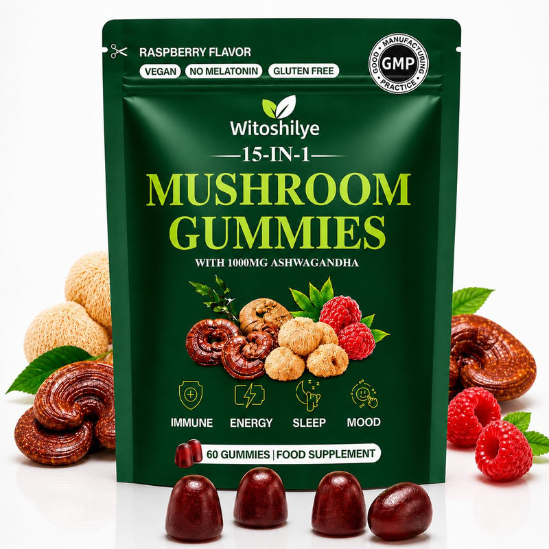 15-in-1 Mushroom Gummies with Lion’s Mane: Enhance Focus & Energy Mushroom Supplement, for Women and Men, Reish, Raspberry Flavor, 60 Gummies