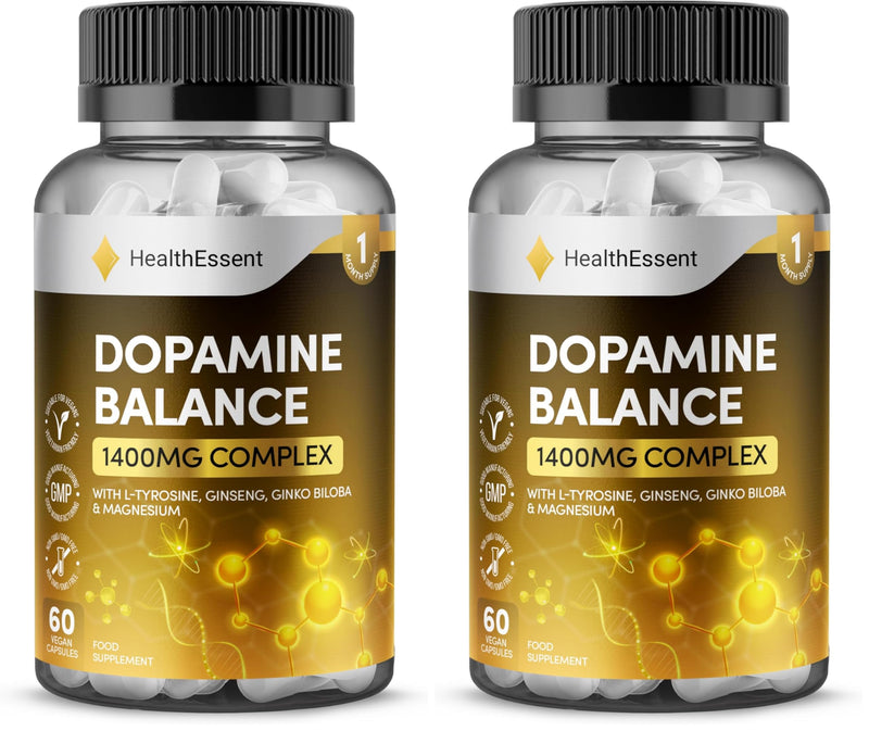 HealthEssent Dopamine Balance Complex – L-Tyrosine, L-Theanine, Ginkgo Biloba & Magnesium, Dopamine Precursor for Natural Mood & Focus Formula – 60 Vegan Capsules (Pack of 2) 60 count (Pack of 2)