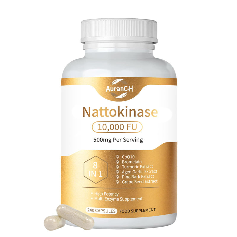 Nattokinase 10,000 FU per 3 Capsules - High-Strength 240 Nattokinase Capsules from Fermented Natto Soybeans with CoQ10, Turmeric, Aged Garlic & Pine Bark Extract - 80-Day Supply