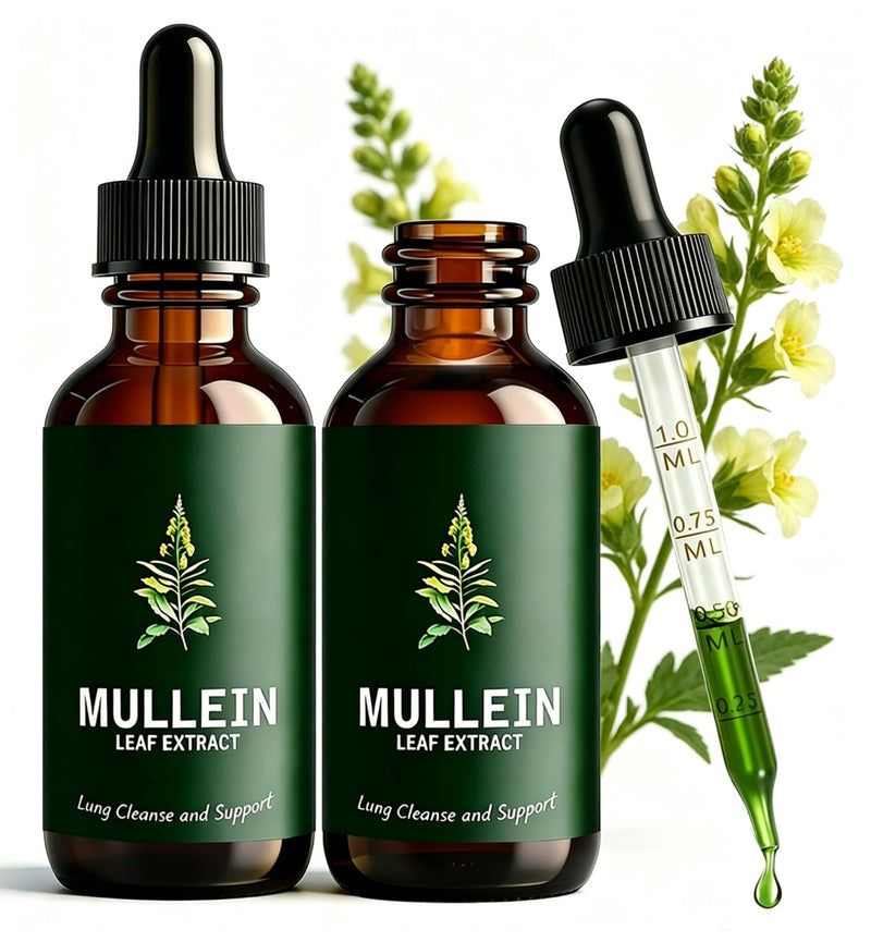Mullein Leaf Extract Liquid Drops 2-Pack with Chlorophyll, Super Concentrated Tincture for Lung Cleanse & Respiratory Health, Fast Absorption Alcohol-Free Herbal Supplement for Adults