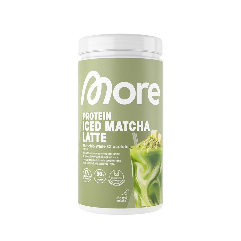 More Protein Iced Matcha Latte, Pistachio White Chocolate, 500 g, 1.1 lbs, 20 Servings, Matcha Powder with whey Protein, Low in Sugar and Fat – Made in Germany