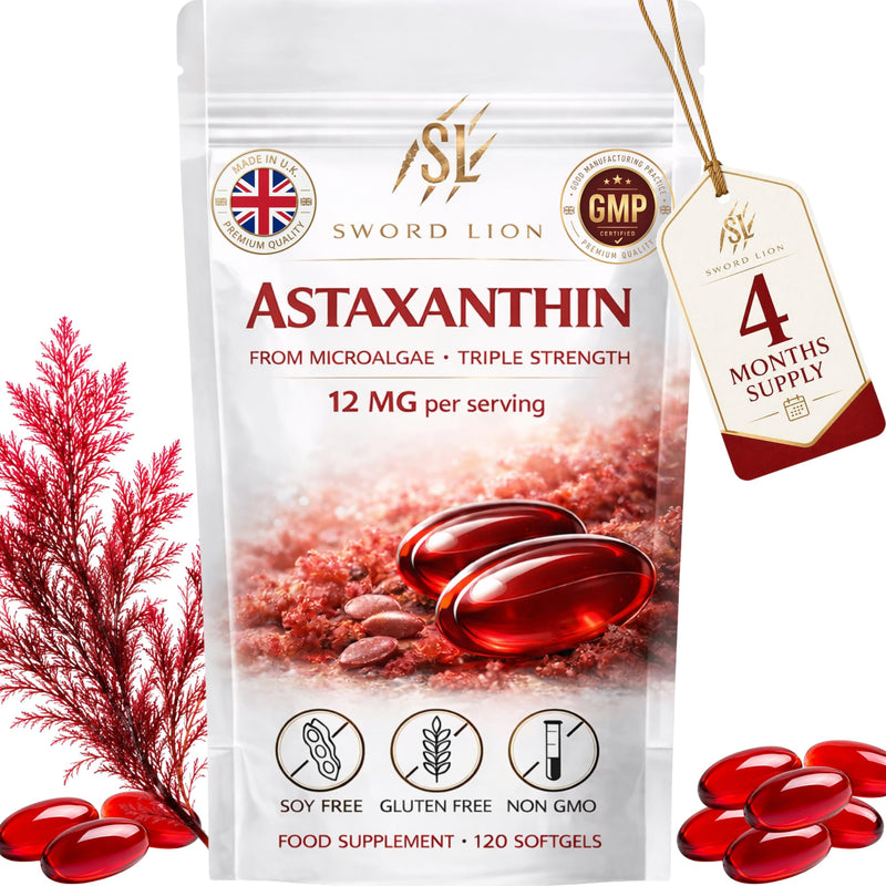 Premium Astaxanthin 12mg GMP Certified EU Sourced, Made in UK - 120 High Strength Softgels, Gluten-Free Non-GMO for Eye, Skin & Brain Health