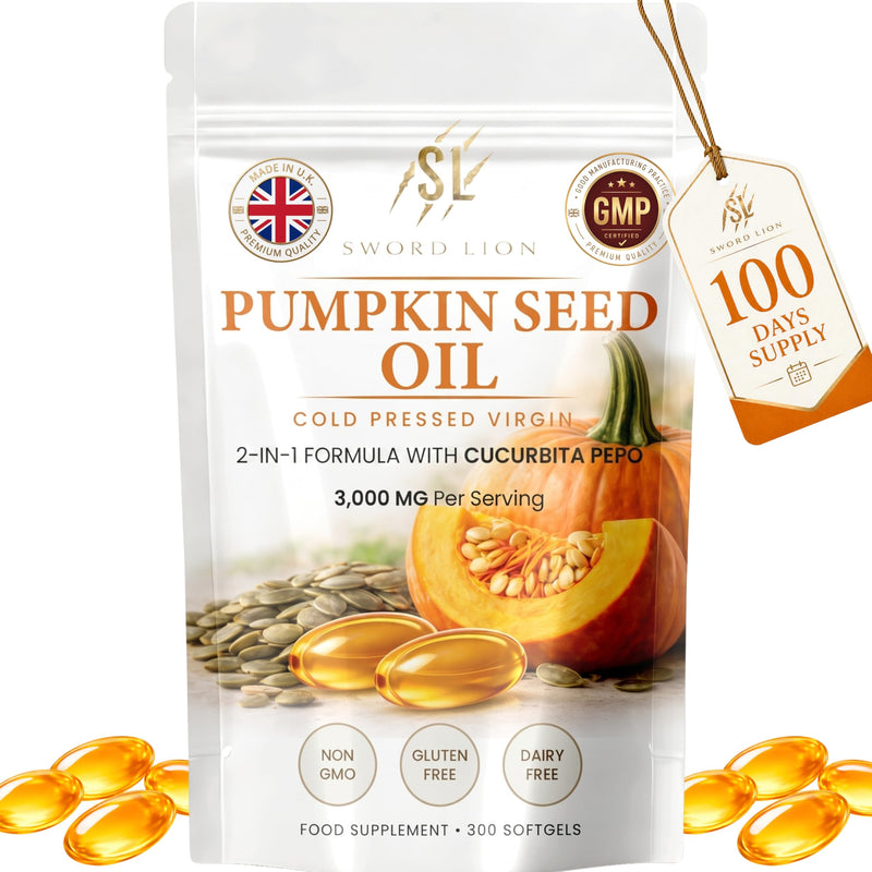 Premium Pumpkin Seed Oil 300 Softgels - EU Sourced Made in UK 3000mg - Cold Pressed Virgin Oil, GMP Certified, Non-GMO, Essential Fatty Acids Phytosterols, Bladder & Prostate Support Omega Rich