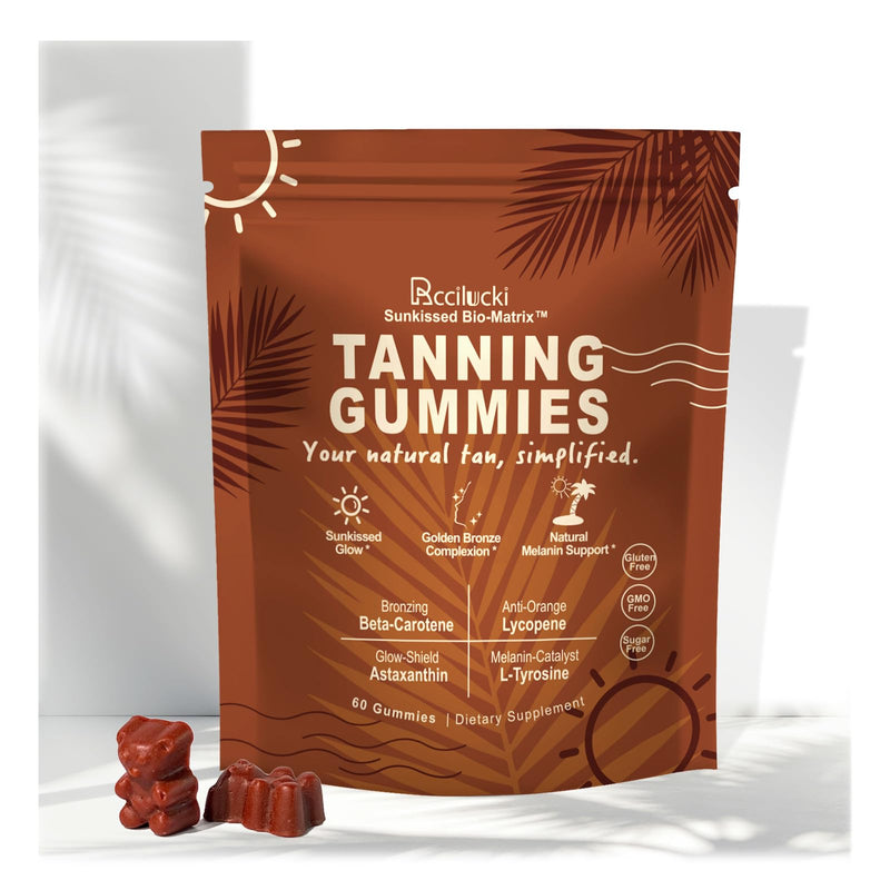 Tanning Gummies with 100.2mg L-Tyrosine and Astaxanthin, Tanning Supplement with Beta Carotene and Lycopene, Vegan and Sugar Free, Watermelon Flavour, 60 Count, 1 Pack