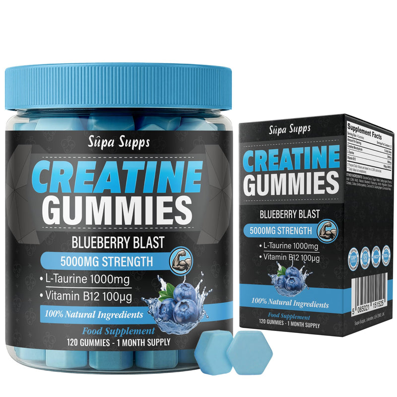Creatine Gummies Blueberry Flavour, 5000mg Creatine Monohydrate Gummies + L Taurine and Vitamin B12, 120 Count, 30 Day Supply, Gym Training, Strength Performance & Daily Training Fuel for Weight Gain