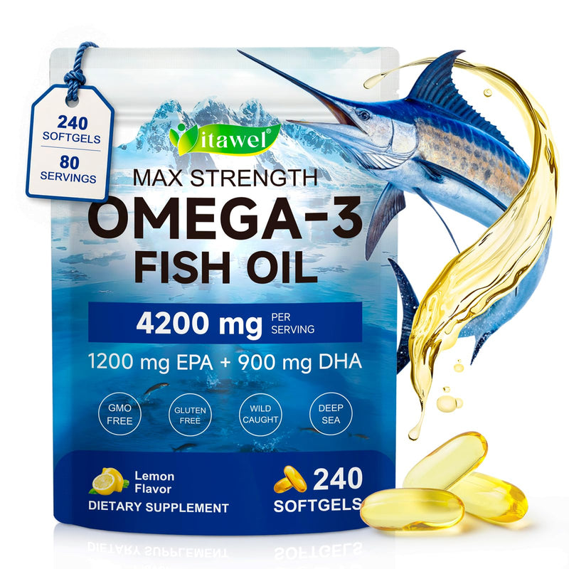Omega 3 Fish Oil 240 Softgels 4200mg with High Strength EPA 1200mg DHA 900mg,Triple Concentrate Lemon Flavour, Easy to Digest,Wild Caught Deep Sea,Daily Wellness Routine,80 Day Supply