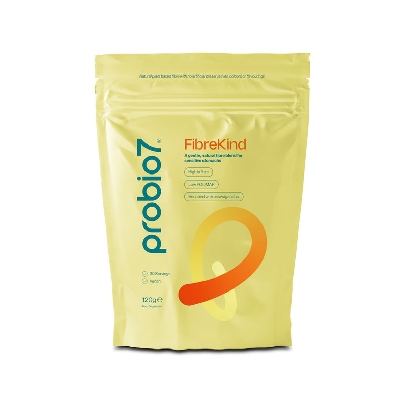 Probio7 Probiotics FibreKind - Fibre Supplement for Sensitive Stomachs. 4 Types of Low-FODMAP Approved Fibres, Acacia Fibre & Partially Hydrolysed Guar Gum (PHG) with Ashwagandha | 30 Servings