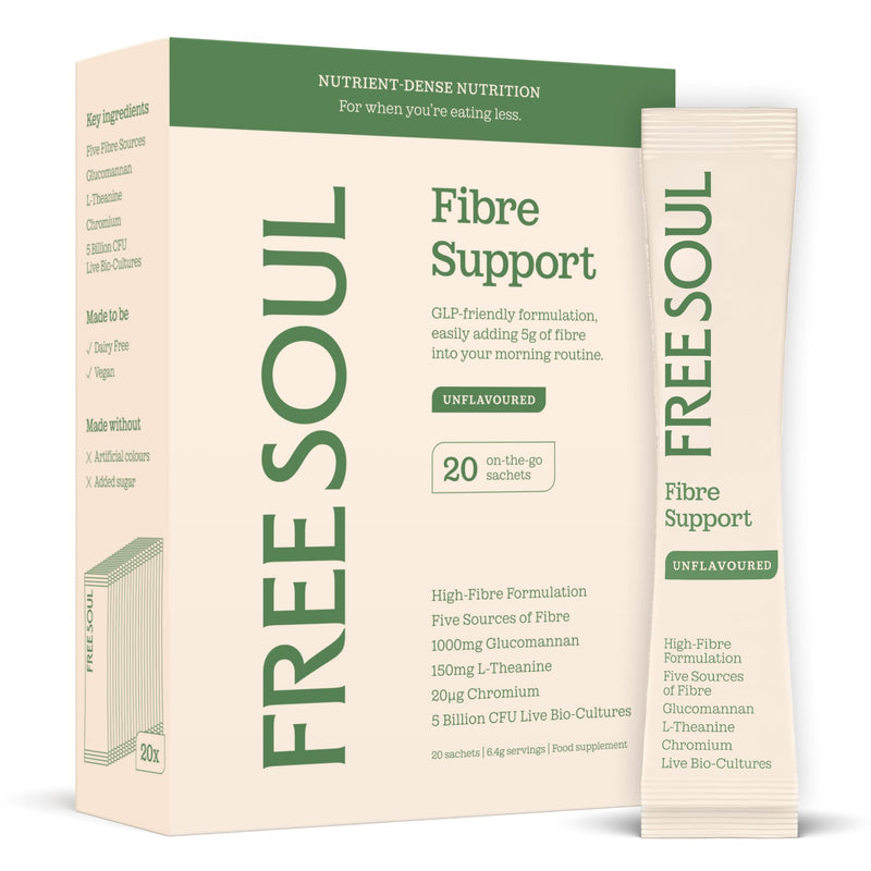 Fibre Support for GLP Journeys | High Fibre Powder with 5 Billion CFU Live Bio-Cultures 9 Strains | 5g Fibre with L-Theanine, Chromium & Superfoods | GLP-Friendly | 20 Sachets | Free Soul