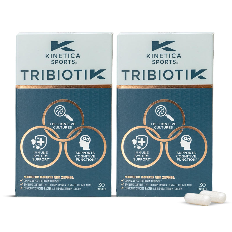 Kinetica Sports Tribiotik Probiotic - 60 Capsules (Pack of 2) | 1 Billion Live Cultures | Bacillus Subtilis DE111® & Fibersol®| Vitamin B6 & Zinc |Gut & Digestion Support | WADA Batch Tested