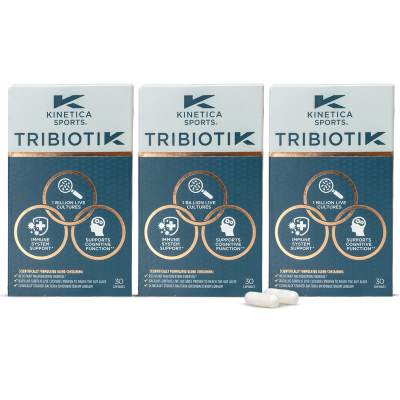 Kinetica Sports Tribiotik Probiotic - 90 Capsules (Pack of 3) | 1 Billion Live Cultures | Bacillus Subtilis DE111® & Fibersol® | Vitamin B6 & Zinc | Gut & Digestion Support | WADA Batch Tested