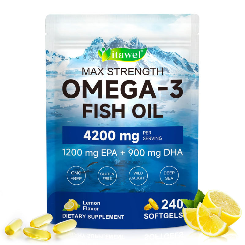 Omega 3 Fish Oil Supplements,4200mg Per Serving| EPA 1200mg + DHA 900mg | Lemon Flavored | 240 Softgels |Non-GMO, Gluten-Free, No Aftertaste