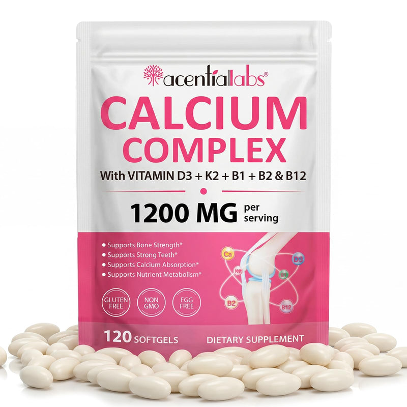 Calcium Complex 1200mg with Vitamin D3, K2 & B Vitamins B1 B2 B12 – Calcium Supplement for Bone & Teeth Support, Helps Calcium Absorption & Nutrient Metabolism – Gluten Free, Non-GMO – 120 Softgels
