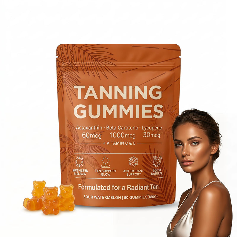 Tanning Gummies Fast Tan Without Sun, Antioxidant with Beta Carotene, Astaxanthin, Lycopene & Vitamins C&E, Sunbed Tanning Accelerator,Tanning Gummies for Sunless Glow, 60 Capsules(1 Bag)