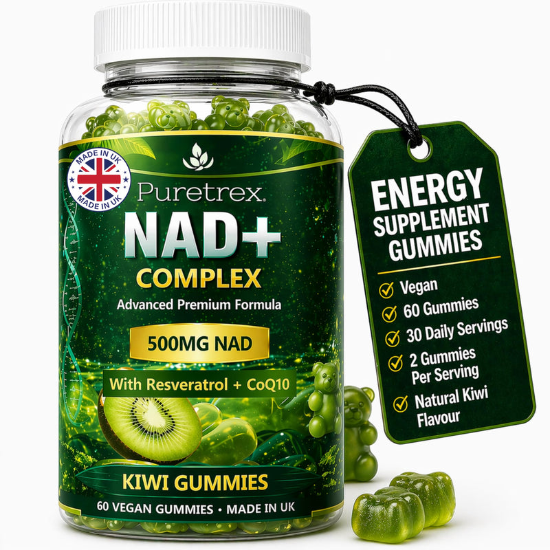 NAD+ Energy Gummies 500mg, NMNH Alternative Complex with Resveratrol, CoQ10, Quercetin, Pterostilbene & Vitamin B Complex, Cellular Energy, Anti Ageing 60 Vegan Kiwi Gummies