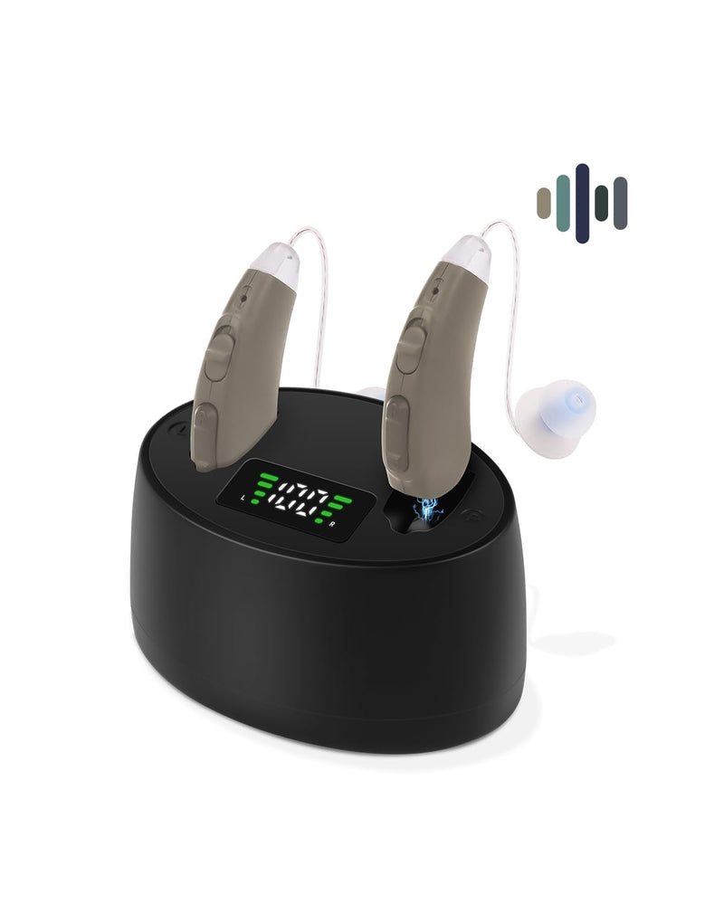 Z128 Rechargeable Personal Sound Amplifier, 92% Noise Reduction Sound Amplifier Devices for Seniors, with LED Display Charging Case (Oat Milk) Oat Milk