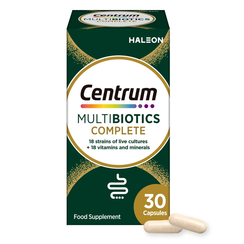 Centrum Multibiotics Complete Capsules, probiotic 18 Live Culture strains with multivitamin, 18 Essential Vitamins and Minerals Including Vitamin D, B12, Zinc and Iodine, 30 Capsules