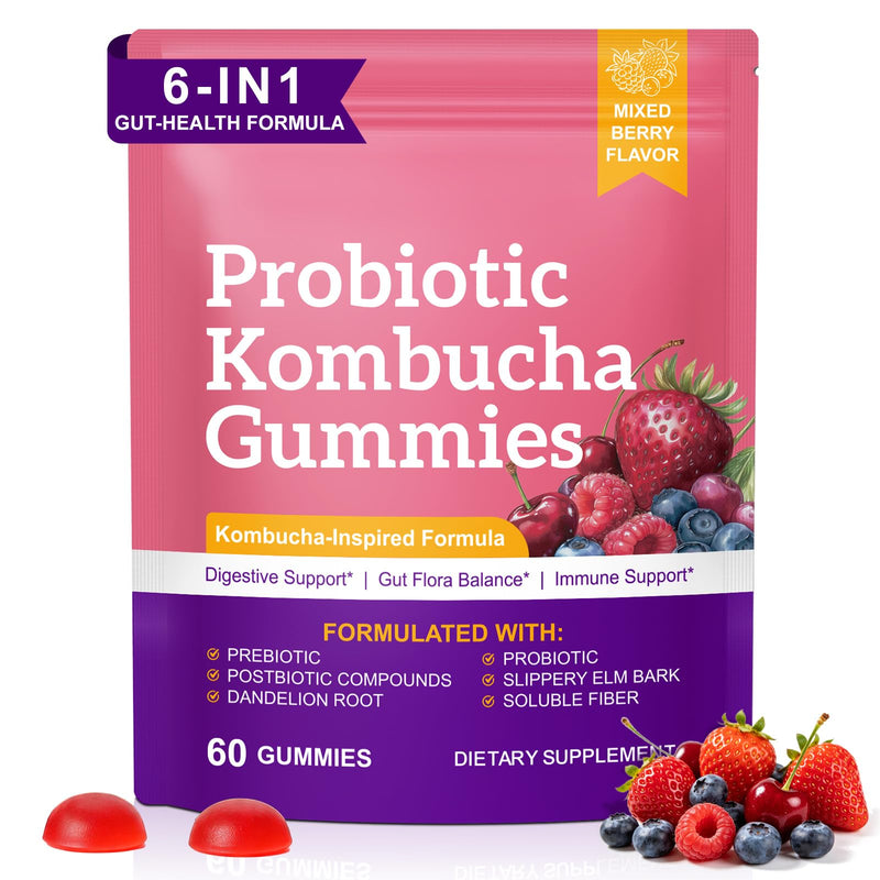 Probiotic Kombucha Gummies 60pcs - Probiotic Gummies for Daily Gut Health Support with Kombucha Extract with Prebiotics - Vegan, Non-GMO, Health Supplement for Digestion & Immunity - 60 Gummies