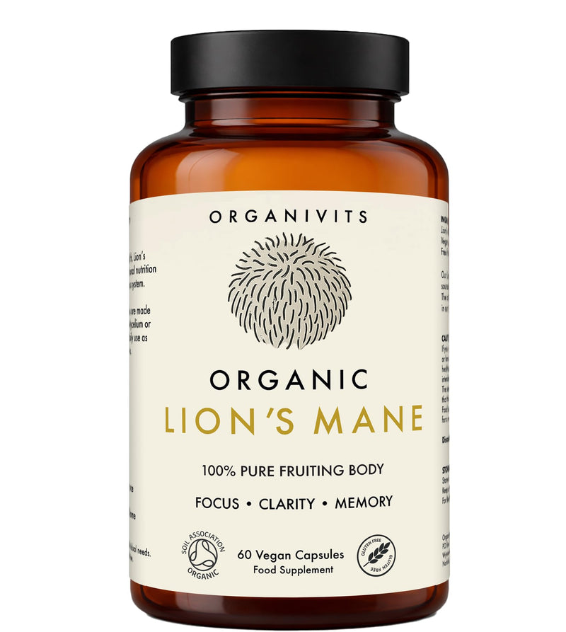 Organic Lion's Mane Capsules 500mg | 100% Pure Fruiting Body Hericium Erinaceus | Cognitive Function & Focus | 60 Vegan Capsules | Soil Association Certified | No Mycelium or Fillers