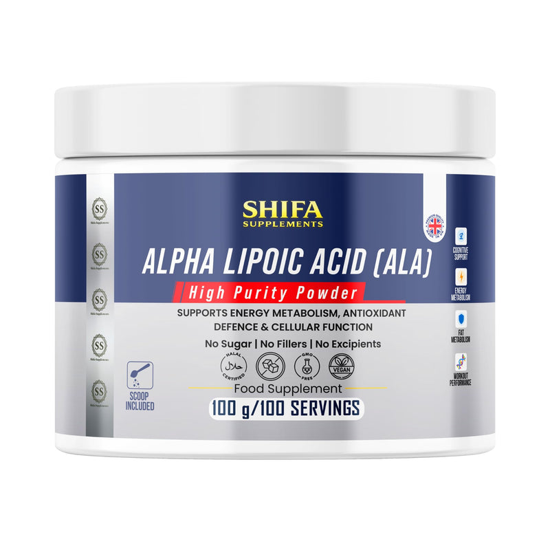 Alpha Lipoic Acid Powder 100g | 1000mg Per Serving | High Purity ALA | Antioxidant & Energy Support | Vegan | Halal Certified | Non GMO | GMP Manufactured