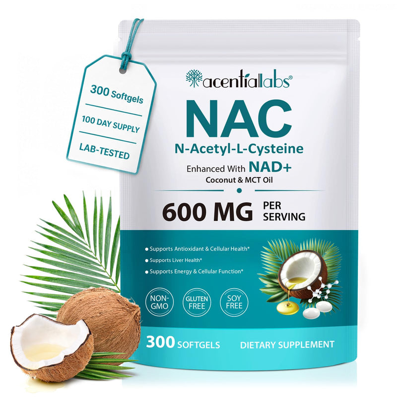 NAC N-Acetyl L-Cysteine 600mg Softgels with NAD+ & MCT Oil, Enhanced Absorption Formula, 300 Softgels Supplements (100 Day Supply), Non-GMO, Gluten Free, Lab Tested NAC Supplement