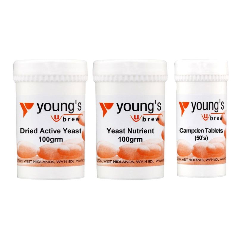 Young's 100g Dried Active Yeast, 100g Yeast Nutrient, 50 Campden Tablets Home Brewing Ingredients Bundle for Making Wine, Cider and Mead