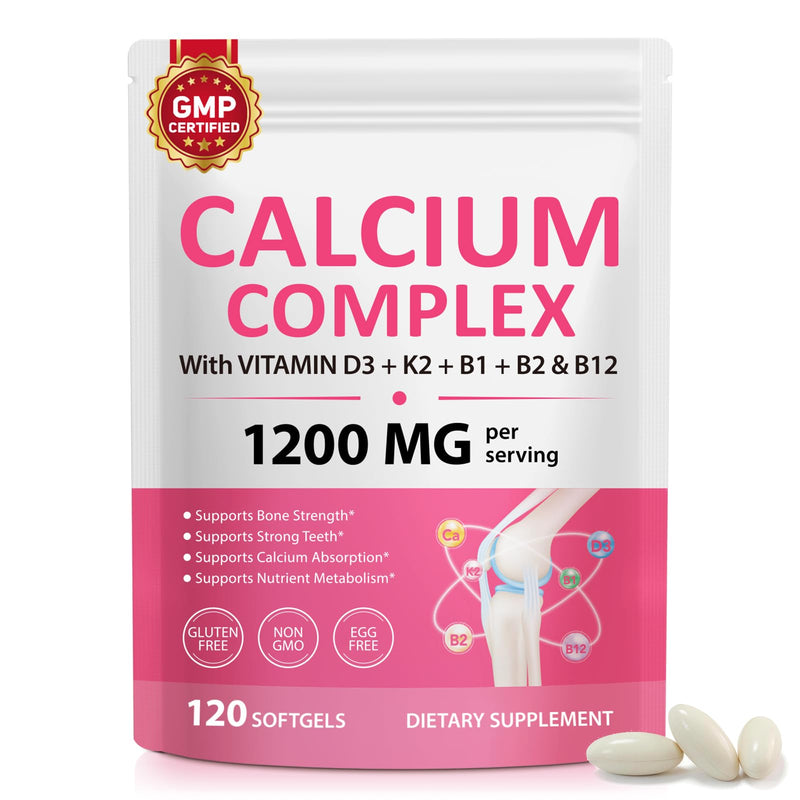 Calcium Supplements Calcium Tablets Calcium Carbonate Supplement for Men & Women 1200mg with Vitamin D3 + K2 + B1 + B2 & B12 – Bone Support Supplement – 120 Softgels