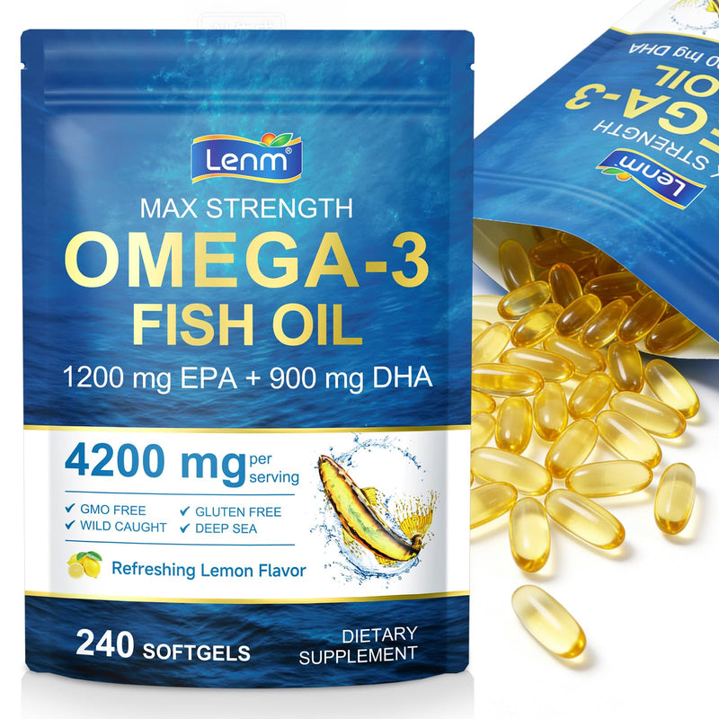 Omega 3 Capsules High Strength Fish Oil 4200mg | 240 Softgels with Lemon Flavour | 1200mg EPA + 900mg DHA per Serving | High Strength Triple Action Omega 3 Supplement for Heart, Brain & Eye Health