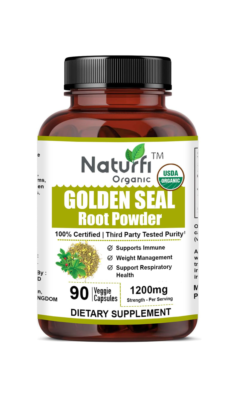 Naturfi Organic Goldenseal Root Capsules, 90 Capsules, USDA Organic, Lab Tested, Pure Natural Goldenseal Root Powder Supplement 90 Capsules (Pack of 1)
