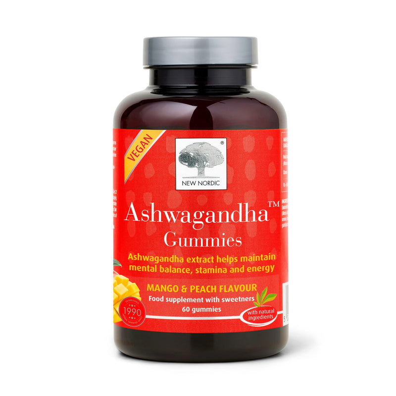 New Nordic Ashwagandha Gummies, Root Extract Supplement, Mango & Peach Flavour, Vegan, 60 Gummies