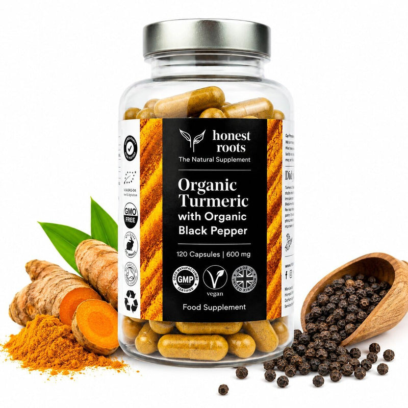 Honest Roots Organic Turmeric Curcumin Capsules with Black Pepper – 600mg per Serving – 120 Vegan Capsules (2 Month Supply) – High Strength Curcuma Longa Supplement – Made in UK